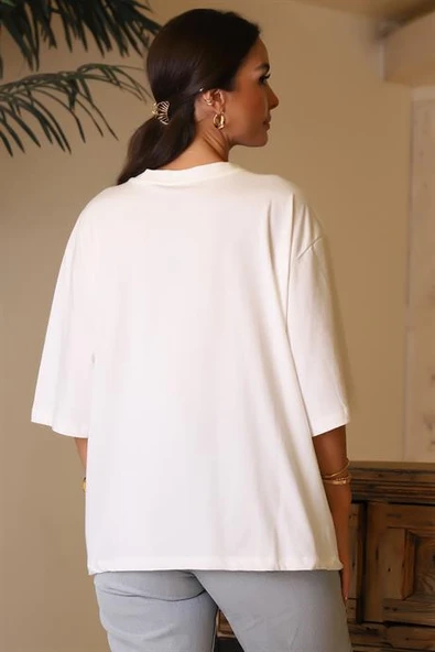 SIFIR YAKA UZUN EKRU KADIN T-SHİRT  28603-2Y4 - Resim 5