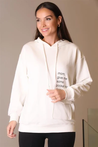 KAPÜŞONLU YAZI BASKILI EKRU KADIN SWEATSHİRT 26370-2K4