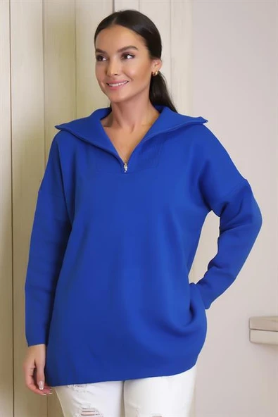 UZUN KOLLU GENİŞ YAKA SAKS KADIN KAZAK 6078-2K4 ürün görseli