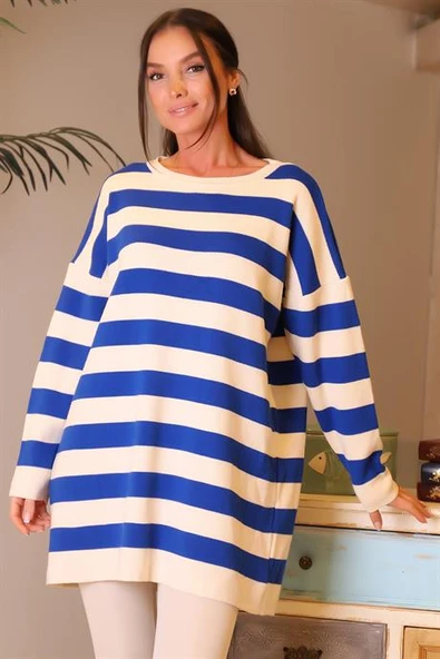 BİSİKLET YAKA ÇİZGİLİ SAKS KADIN KAZAK 6095-2K4 - Resim 3