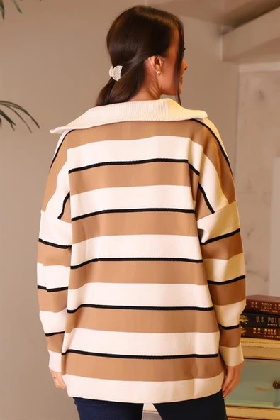 GENİŞ YAKA CAMEL BEJ KADIN TRİKO KAZAK 5210-2K4 - Resim 5