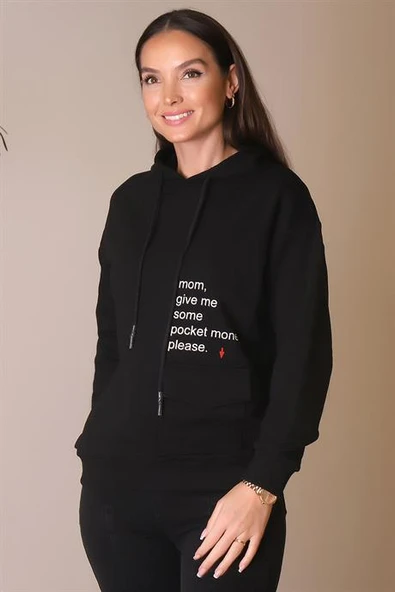 KAPÜŞONLU YAZI BASKILI SİYAH KADIN SWEATSHİRT 26370-2K4 - 5