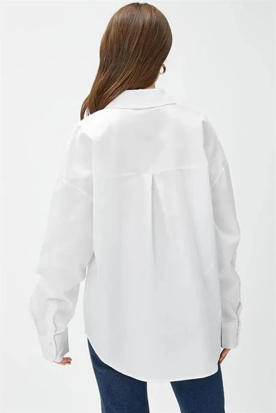 Oversize Cepli Pamuklu Beyaz Kadın Gömlek  3SAK60220PW - 6