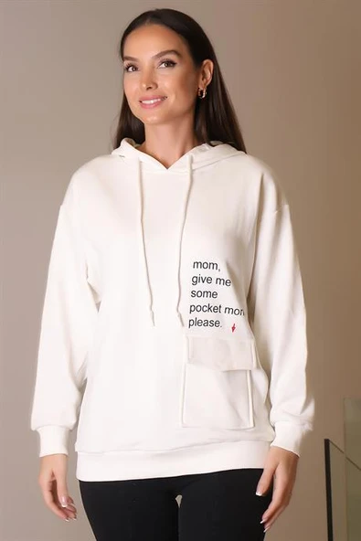 KAPÜŞONLU YAZI BASKILI EKRU KADIN SWEATSHİRT 26370-2K4 - 3