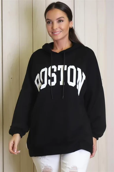 UZUN KOLLU KAPÜŞONLU SİYAH KADIN SWEATSHİRT 1220-2K4 - 4