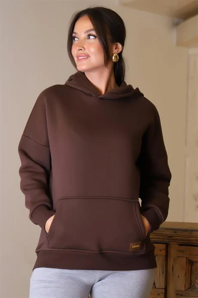 KAPÜŞONLU UZUN KOLLU KAHVE KADIN SWEATSHİRT 3046-2K4 - 2