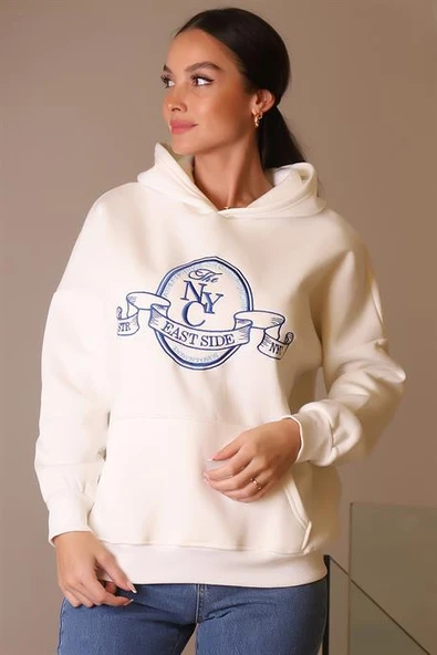 CEPLİ KAPÜŞONLU EKRU KADIN SWEATSHİRT 3040-2K4 - 2