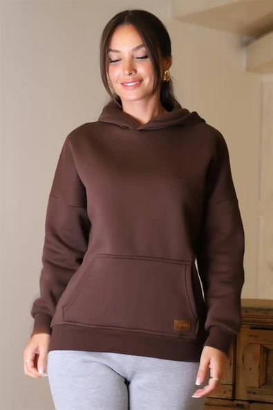 KAPÜŞONLU UZUN KOLLU KAHVE KADIN SWEATSHİRT 3046-2K4 - 4