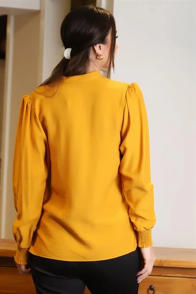 KOLLARI LASTİKLİ V YAKA HARDAL KADIN BLUZ 4028-2Y4 - 5