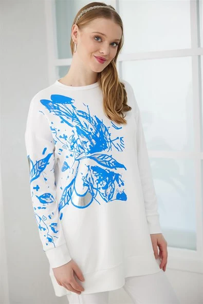 GÜMÜŞ VARAK BASKILI İNDİGO KADIN  SWEATSHIRT MB21.268-2Y4 - 2