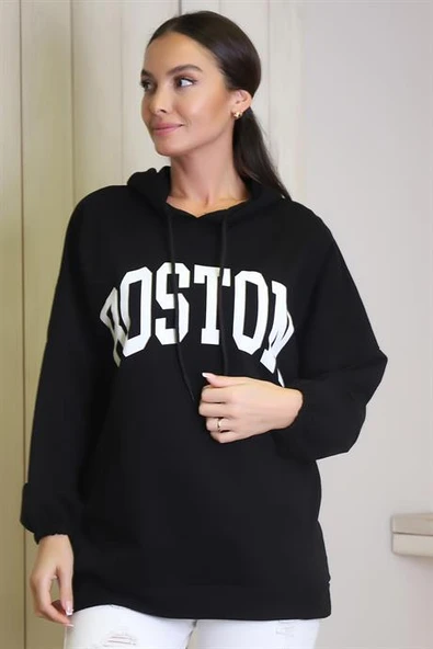 UZUN KOLLU KAPÜŞONLU SİYAH KADIN SWEATSHİRT 1220-2K4