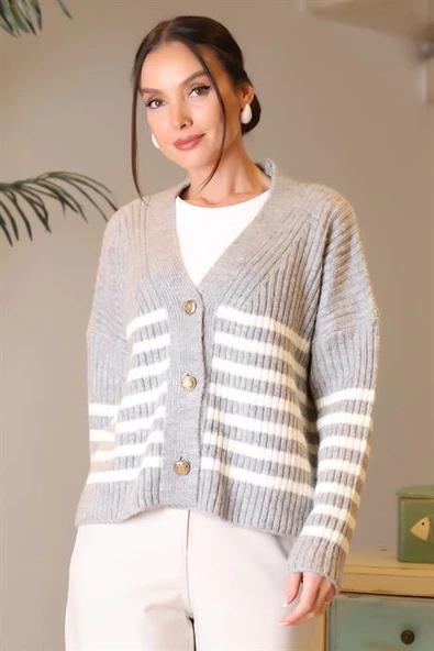 V YAKA DÜĞMELİ GRİ KADIN TRİKO HIRKA 94021-2K4 ürün görseli