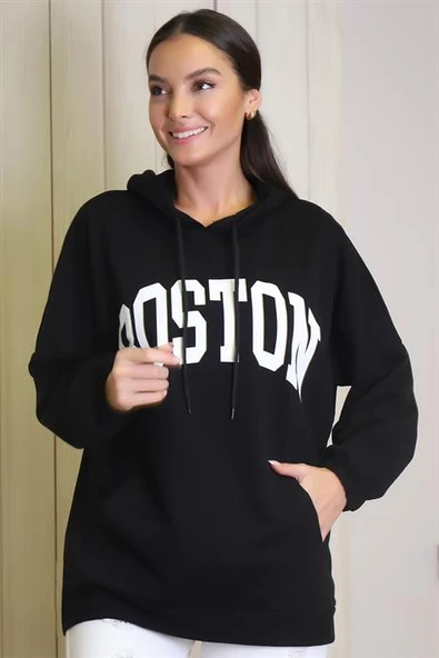 UZUN KOLLU KAPÜŞONLU SİYAH KADIN SWEATSHİRT 1220-2K4 - 2