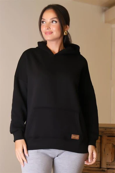 KAPÜŞONLU UZUN KOLLU SİYAH KADIN SWEATSHİRT 3046-2K4 - 2