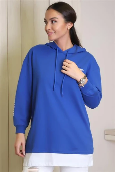 KAPÜŞONLU UZUN KOLLU SAKS KADIN SWEATSHİRT 140-2K4 - 2