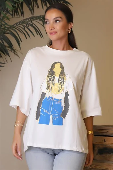 SIFIR YAKA UZUN EKRU KADIN T-SHİRT  28603-2Y4 ürün görseli