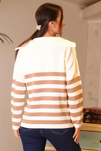 YAKALI UZUN KOLLU BEJ KADIN KAZAK 3513-2K4 - 5