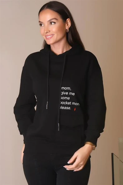KAPÜŞONLU YAZI BASKILI SİYAH KADIN SWEATSHİRT 26370-2K4 - 2