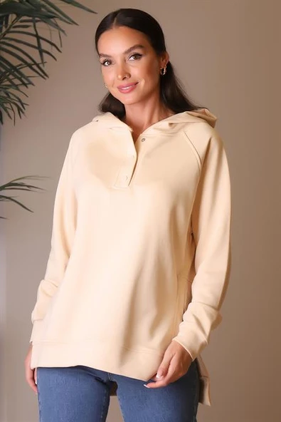 KAPÜŞONLU UZUN KOLLU BEJ KADIN SWEATSHİRT 5048-2K4 - 2