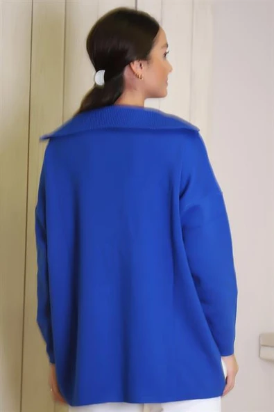 UZUN KOLLU GENİŞ YAKA SAKS KADIN KAZAK 6078-2K4 - Resim 5