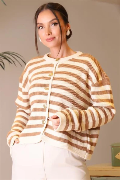 SIFIR YAKA ÇİZGİLİ CAMEL EKRU KADIN HIRKA 5181-2K4 ürün görseli