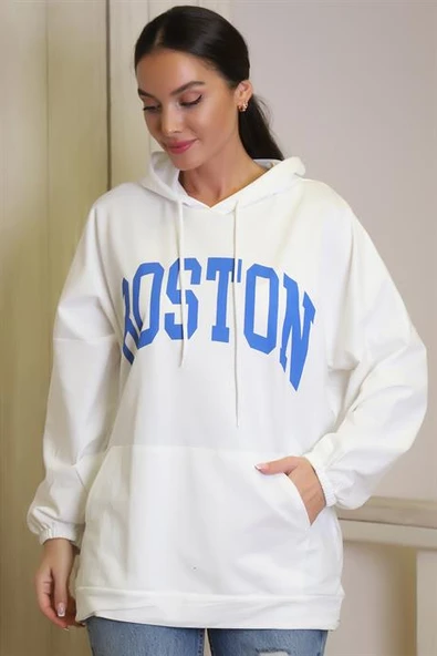 UZUN KOLLU KAPÜŞONLU EKRU KADIN SWEATSHİRT 1220-2K4 - 4