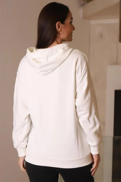 KAPÜŞONLU YAZI BASKILI EKRU KADIN SWEATSHİRT 26370-2K4 - 5