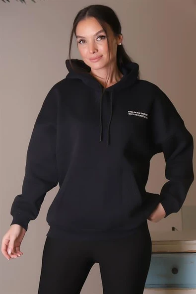 YAZILI KAPÜŞONLU SİYAH KADIN SWEATSHİRT  3WWB MARCIA-2K4 - 4