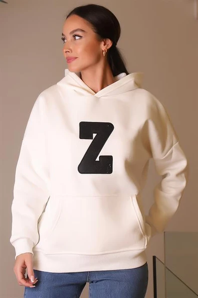 KAPÜŞONLU UZUN KOLLU EKRU KADIN SWEATSHİRT 3056-2K4 - 4