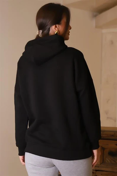 KAPÜŞONLU UZUN KOLLU SİYAH KADIN SWEATSHİRT 3046-2K4 - 5