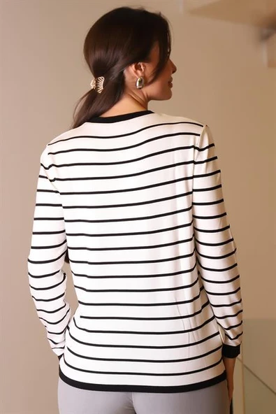 BİSİKLET YAKA ÇİZGİLİ EKRU KADIN KAZAK  845-2K4 - Resim 5