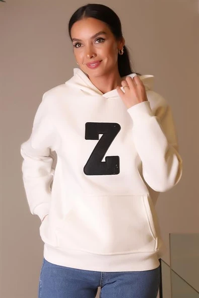 KAPÜŞONLU UZUN KOLLU EKRU KADIN SWEATSHİRT 3056-2K4 - 2