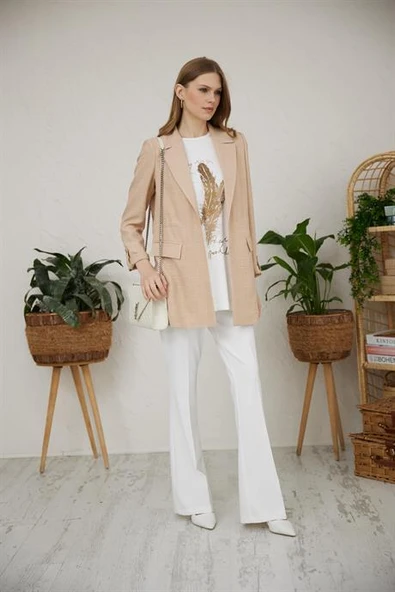 KATLAMALI KOL CEP DETAYLI BEJ KADIN CEKET MB04.56-2Y4 - 6