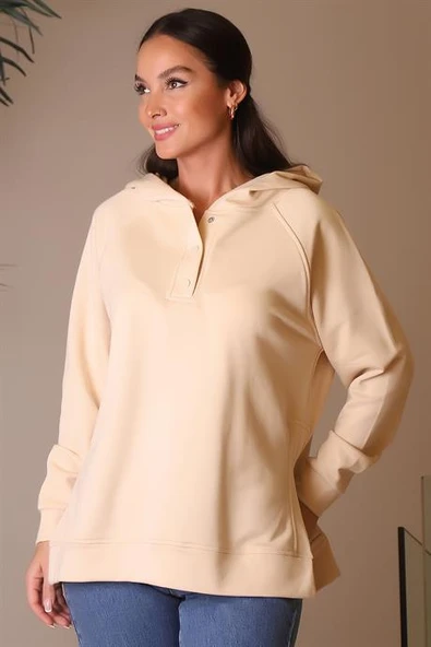 KAPÜŞONLU UZUN KOLLU BEJ KADIN SWEATSHİRT 5048-2K4 - 3