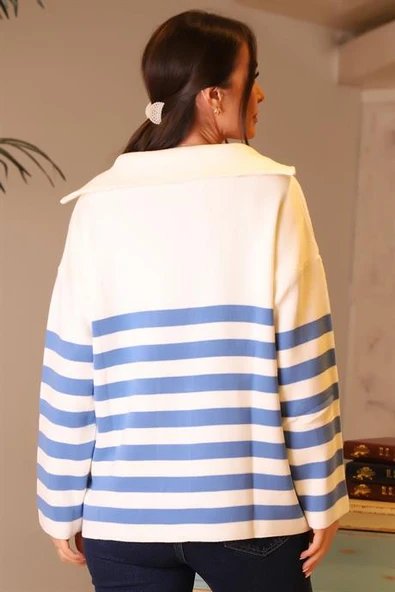 YAKALI UZUN KOLLU EKRU MAVİ KADIN KAZAK 3513-2K4 - Resim 5