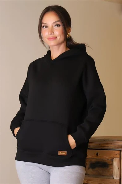 KAPÜŞONLU UZUN KOLLU SİYAH KADIN SWEATSHİRT 3046-2K4