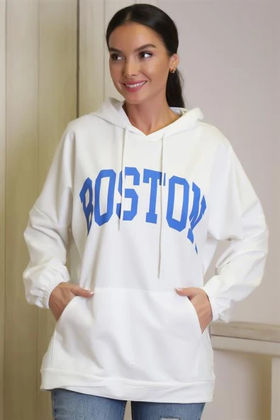 UZUN KOLLU KAPÜŞONLU EKRU KADIN SWEATSHİRT 1220-2K4 - 3