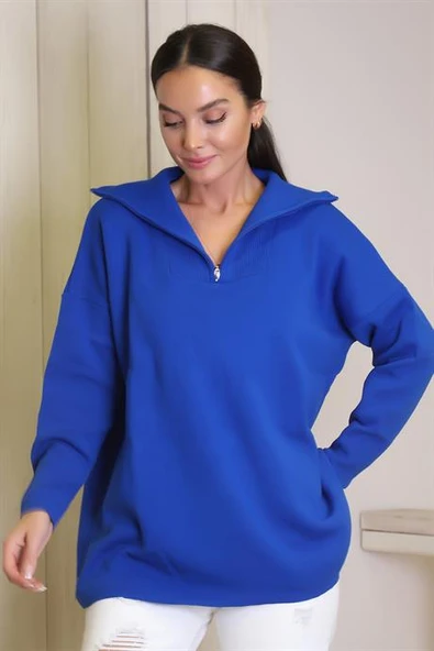 UZUN KOLLU GENİŞ YAKA SAKS KADIN KAZAK 6078-2K4 - Resim 4