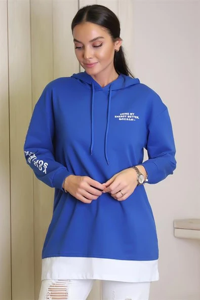 KAPÜŞONLU UZUN KOLLU SAKS KADIN SWEATSHİRT 140-2K4 - 3