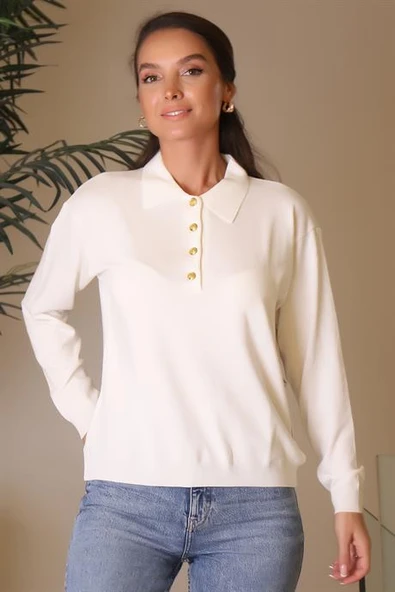 YAKALI UZUN KOLLU EKRU KADIN BLUZ 768-2K4 ürün görseli