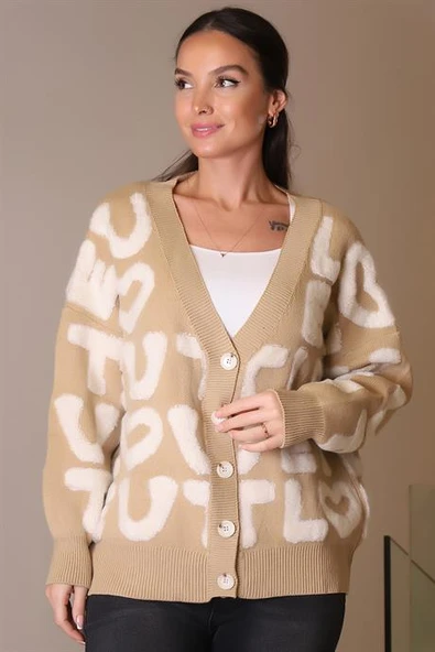 YAZI KABARTMALI DÜĞMELİ CAMEL  KADIN HIRKA 94067-2K4 - Resim 4