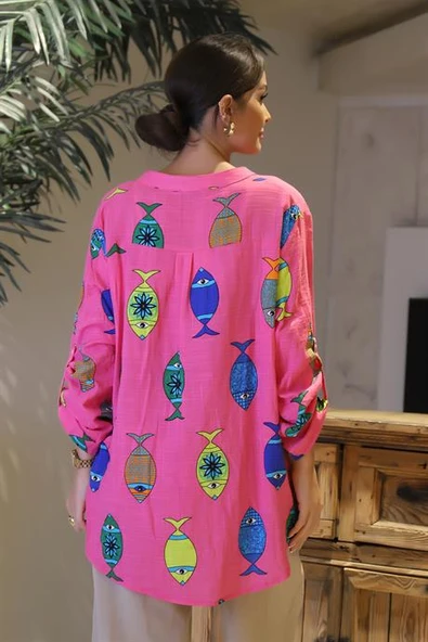 BALIK DESENLİ PEMBE KADIN GÖMLEK 7978-2Y4 - 5
