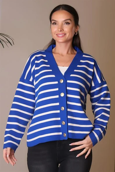 UZUN KOLLU DÜĞMELİ SİYAH SAKS KADIN HIRKA 5182-2K4