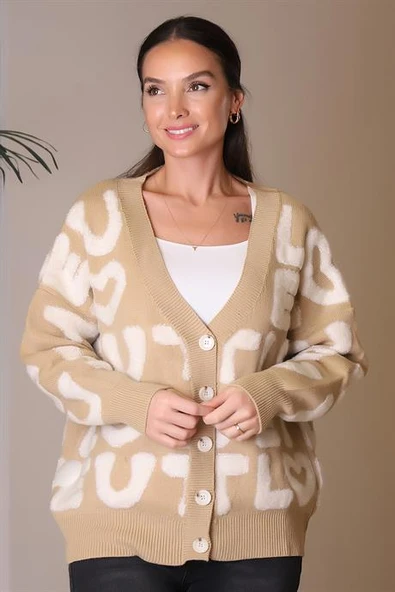 YAZI KABARTMALI DÜĞMELİ CAMEL  KADIN HIRKA 94067-2K4 ürün görseli