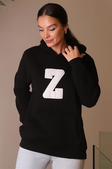 KAPÜŞONLU UZUN KOLLU SİYAH KADIN SWEATSHİRT 3056-2K4 - 3