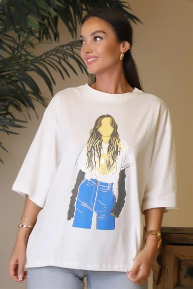 SIFIR YAKA UZUN EKRU KADIN T-SHİRT  28603-2Y4 - Resim 2