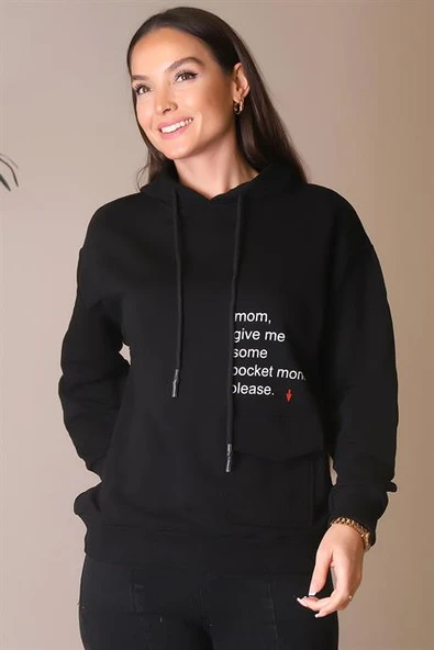 KAPÜŞONLU YAZI BASKILI SİYAH KADIN SWEATSHİRT 26370-2K4