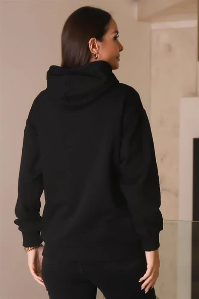 KAPÜŞONLU YAZI BASKILI SİYAH KADIN SWEATSHİRT 26370-2K4 - 6