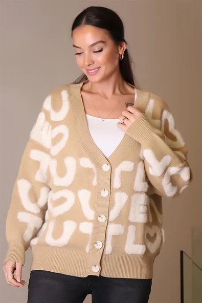 YAZI KABARTMALI DÜĞMELİ CAMEL  KADIN HIRKA 94067-2K4 - Resim 2