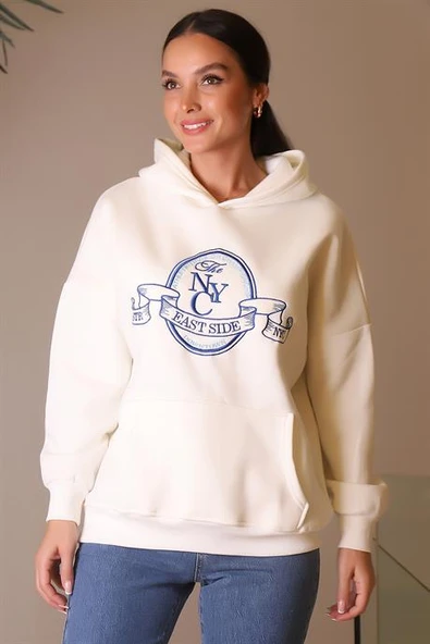 CEPLİ KAPÜŞONLU EKRU KADIN SWEATSHİRT 3040-2K4 - 4